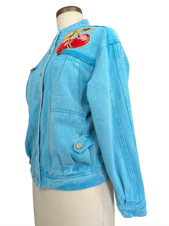 ELF SACK Turquoise Cotton Denim Jacket With Embroidered Cherries. Medium. - Picture 10 of 16
